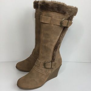 NEW Faux fur Wedge Brown Tan Boot 8.5